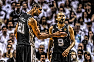 men's black and white basketball jersey shirt, NBA, Tony Parker, Tim Duncan, San Antonio Spurs HD wallpaper