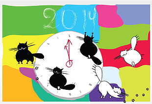 black and white cat illustration with clock
