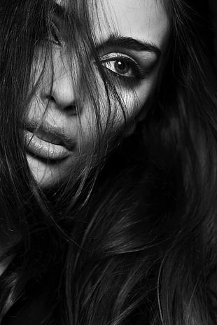 grayscale photo of woman with black hair HD wallpaper