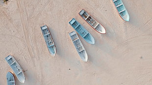 seven assorted jon boats, boat, beach HD wallpaper