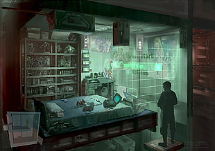 man standing inside room artwork, futuristic, digital art, cyberpunk, science fiction