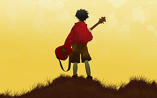 boy holding guitar on top of mountain painting HD wallpaper