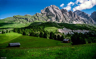 landscape photo of a mountain near grass field, italian dolomites HD wallpaper