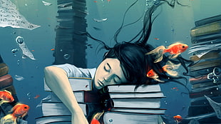 books, fish, bubbles, closed eyes