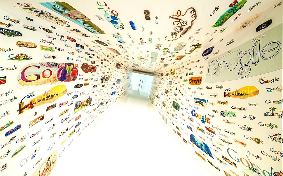 white painted narrow surrounded with google stickers HD wallpaper