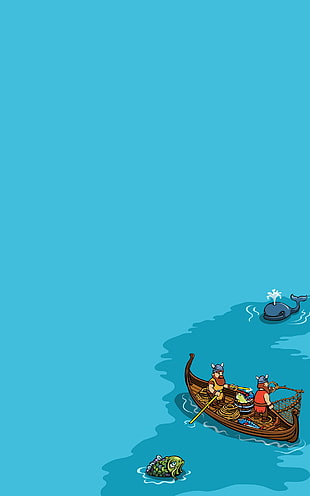 illustration of brown boat, Vikings, sea, fishing, minimalism