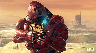 red armored gun man HD wallpaper