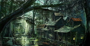 houses near body of water illustration, fantasy art, swamp