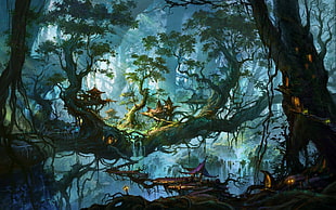 green trees illustration, artwork, fantasy art, trees, forest