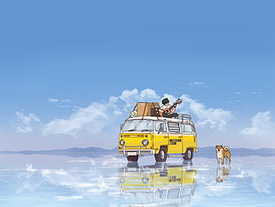 vintage yellow minivan beside dog, anime, lake, sky, mountains HD wallpaper