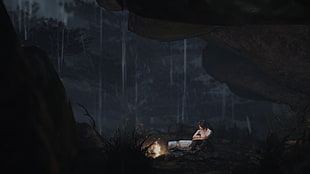 person sitting on bonfire inside cave painting, digital art