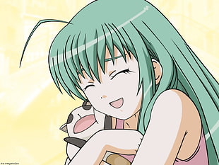 green haired girl holding panda anime character