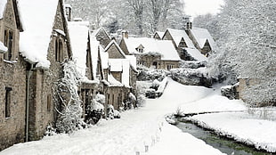 snow covered houses, snow, England, winter, Bibury, England