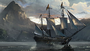 brown sailing ship on ocean within mountain range digital wallpaper