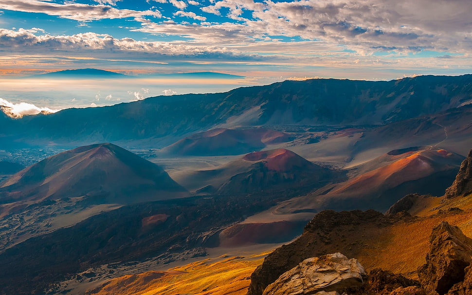 bird's eye view photo of mountains, mountains, volcano, clouds, Maui HD wallpaper