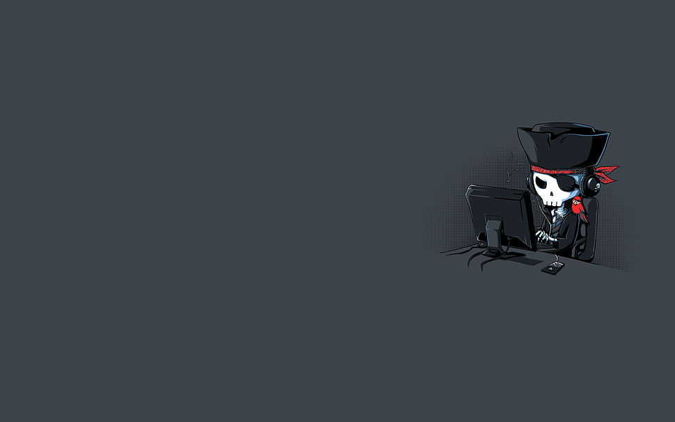 skeleton operating computer digital wallpaper, pirates, internet, computer, minimalism HD wallpaper
