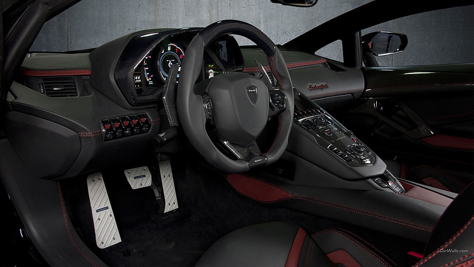 black car steering wheel, Lamborghini Aventador, car HD wallpaper
