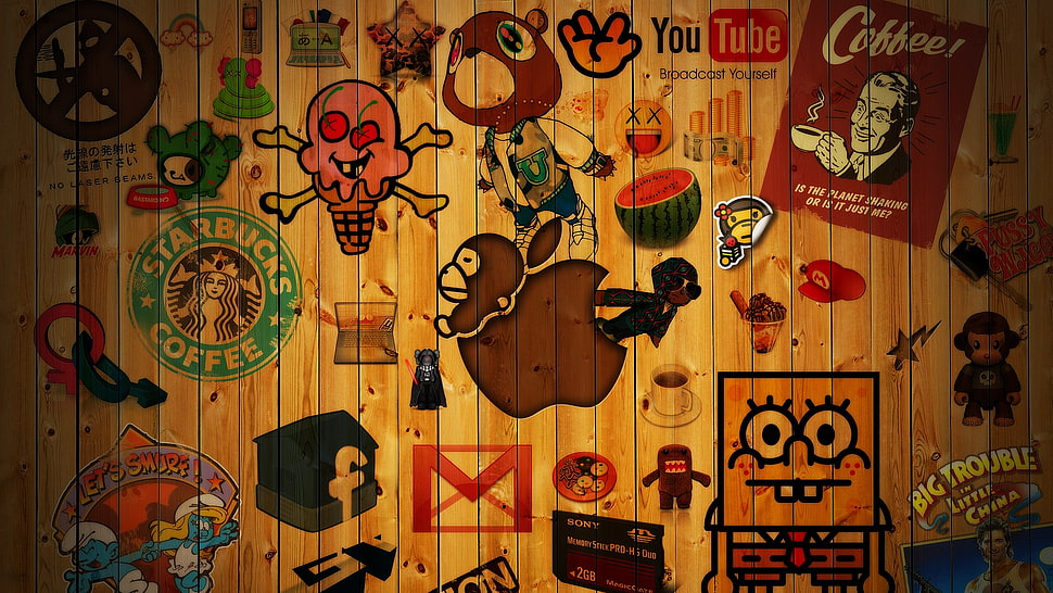 brown wooden framed with cartoon graffiti HD wallpaper