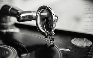grayscale photography of vinyl record player