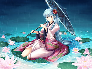 blue-haired female anime character illustration