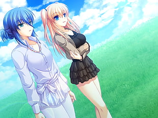 two blue and yellow hair female anime character in blue and black dresses digital wallpaper
