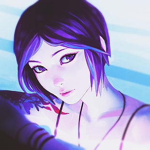 purple-haired female anime character, purple dresses, purple eyes, fan art, artwork HD wallpaper