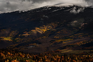 snow covered mountain during dark cloudy day