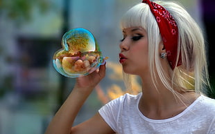 woman blowing bubble HD wallpaper