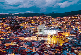 aerial view of city buildings during sun set, guanajuato, mexico