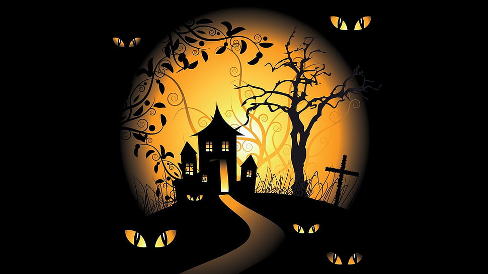 silhouette house and cross digital wallpaper, Halloween, vector art, black background, Haunted Mansion HD wallpaper