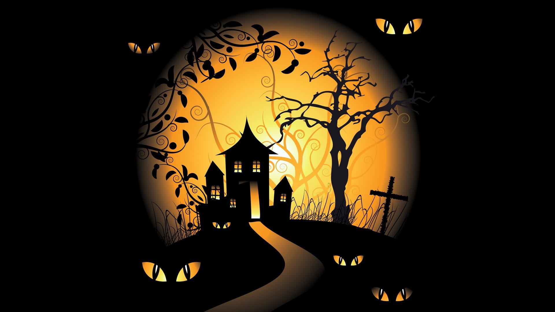 silhouette house and cross digital wallpaper, Halloween, vector art, black background, Haunted Mansion