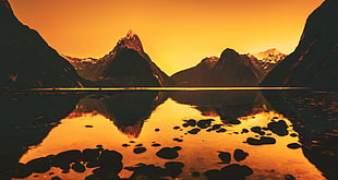 landscape of mountains, photography, mountains, lake, sunset