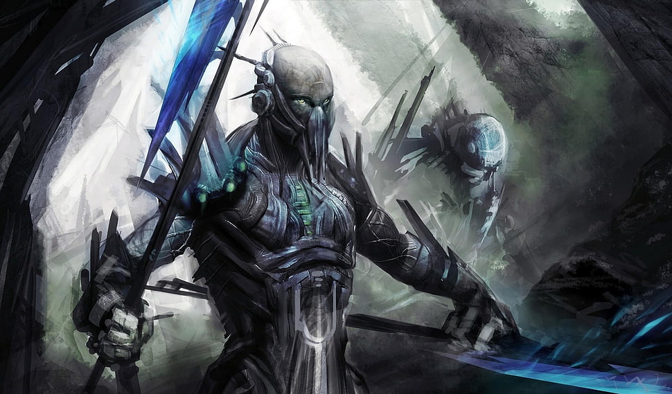 gray metal armored character holding sword HD wallpaper