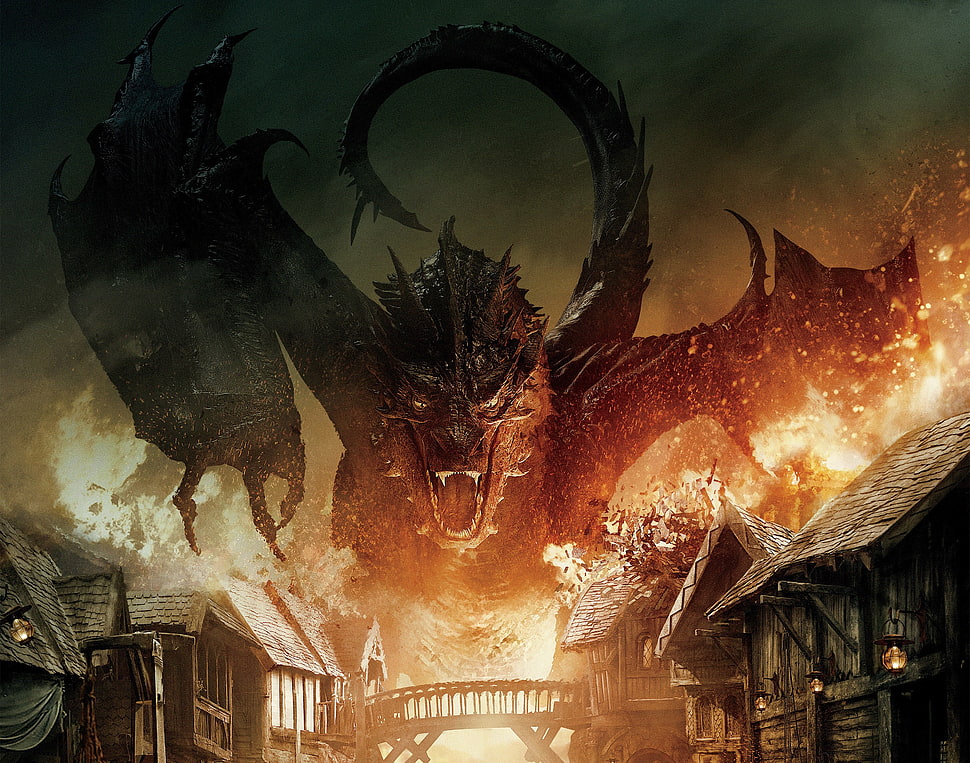 illustration of black dragon, Smaug, The Hobbit: The Battle of the Five Armies, dragon HD wallpaper
