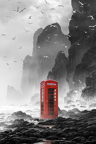 telebooth selective photo, Daniel Conway, phone box, rocks, cliff