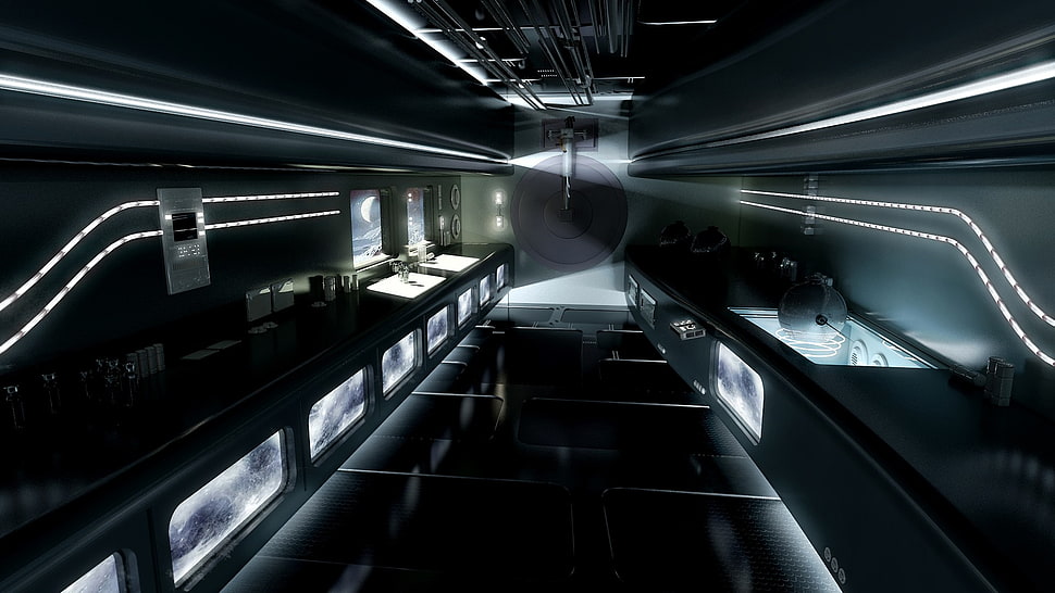 black and gray cabinet, futuristic, interior, space station, render HD wallpaper