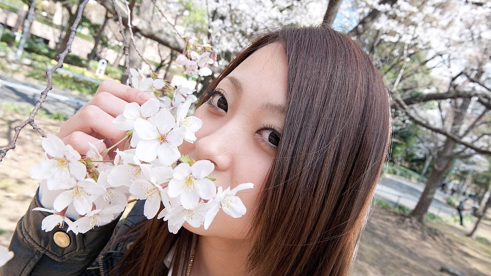 woman smelling white petaled flower HD wallpaper
