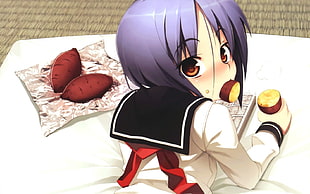 purple haired girl wearing school uniform anime character