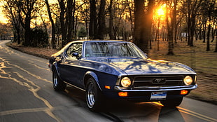 blue Ford Mustang coupe on road