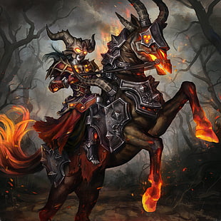 illustration of man riding burning horse, World of Warcraft, undead, Warlock, horse