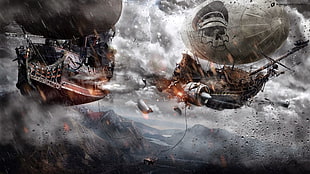 battle of airship wallpaper, digital art, fantasy art, steampunk, airships HD wallpaper