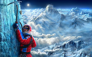 men's red and blue jacket, climbing HD wallpaper