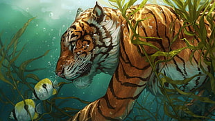 brown and black tiger illustration, animals, artwork, tiger, fish