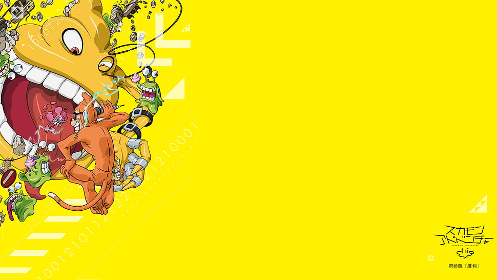 yellow and green floral textile, anime, Digimon, minimalism HD wallpaper