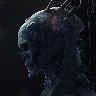 black alien decor, CGI, skull