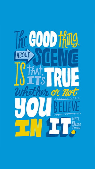 The good thing about science text, science, typography, quote, blue background HD wallpaper