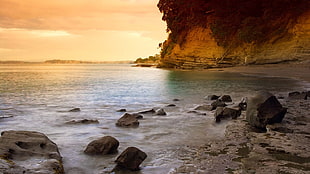 gray stones, landscape, beach, nature, sunset HD wallpaper
