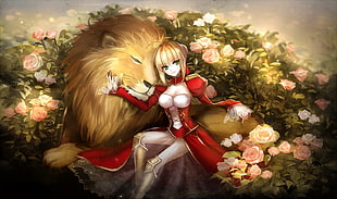 Saber and Lion Fate digital wallpaper, Fate/Extra CCC, Fate Series, lion, rose