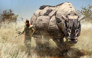 game character wallpaper, animals, rhino, robot, men HD wallpaper