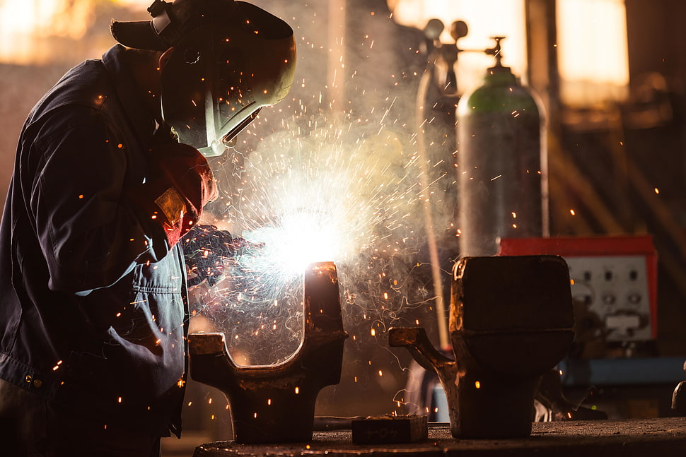 brown welding helmet, men, workers HD wallpaper
